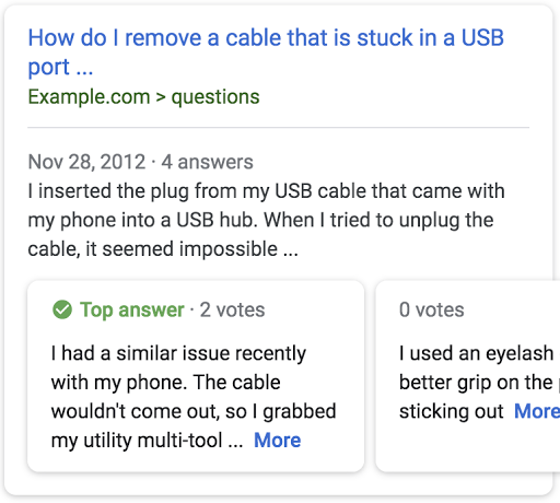an example search result for a page titled 'How do I remove a cable that is stuck in a USB port' with a list of the top answers from the page.