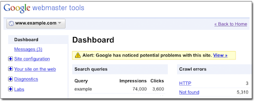 webmaster araçlarında bir kontrol paneli uyarısı