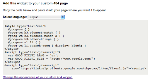 webmaster tools'ta özel 404 sayfası widget oluşturucu