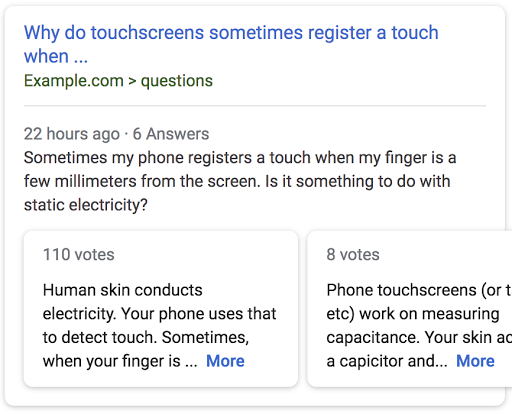 an example search result for a page titled 'Why do touchscreens sometimes register a touch when ...' with a preview of the top answers from the page.
