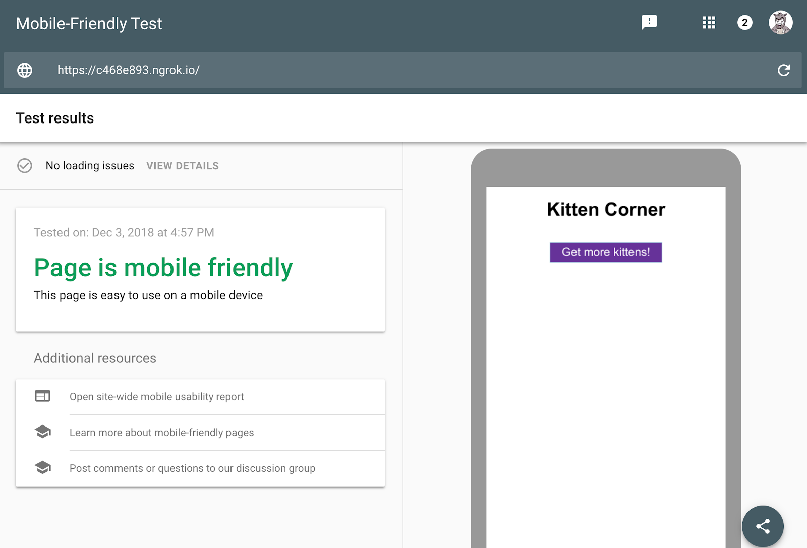 The mobile-friendly test shows that the page is mobile-friendly, but the screenshot is missing all the cats! The headline and button appear but none of the cat pictures are there.