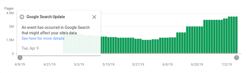 Index coverage report for indexed pages, which shows an example of the data annotations that we can include to notify users of specific issues.